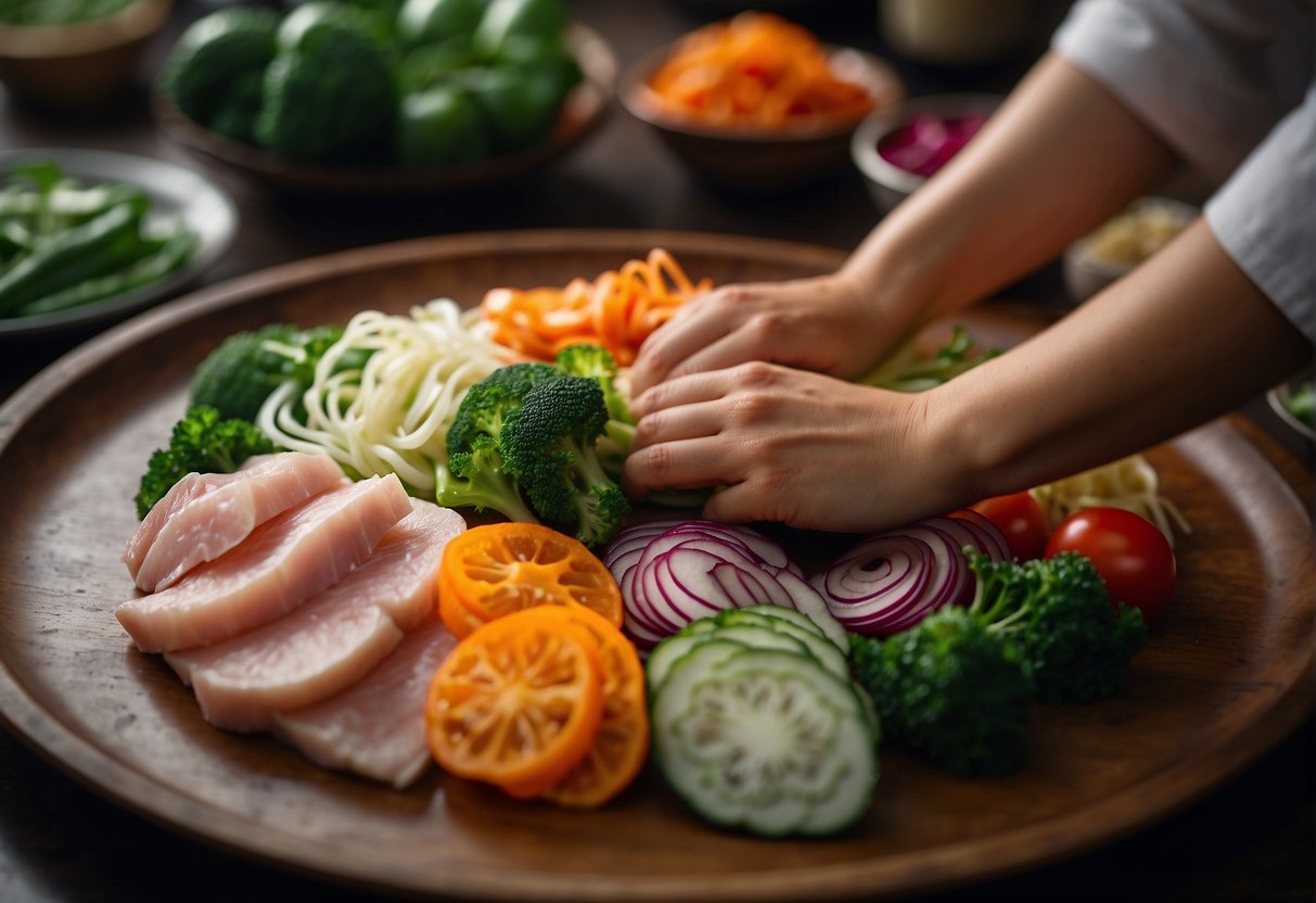 A variety of fresh vegetables and meats are being sliced and marinated in a mixture of soy sauce, vinegar, and spices for Chinese cold dish recipes