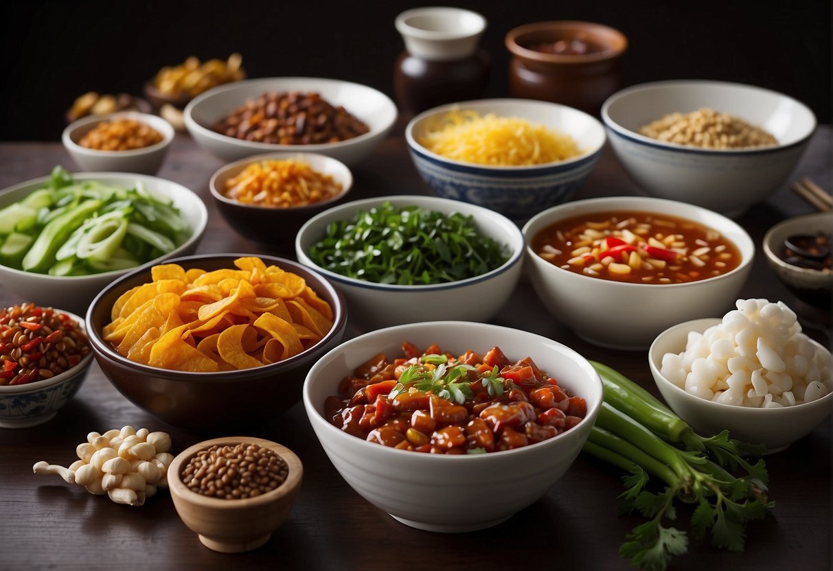 A table spread with various Chinese cold dishes, each showcasing unique flavor profiles and seasoning tips. Ingredients like soy sauce, vinegar, garlic, and chili peppers are prominently displayed