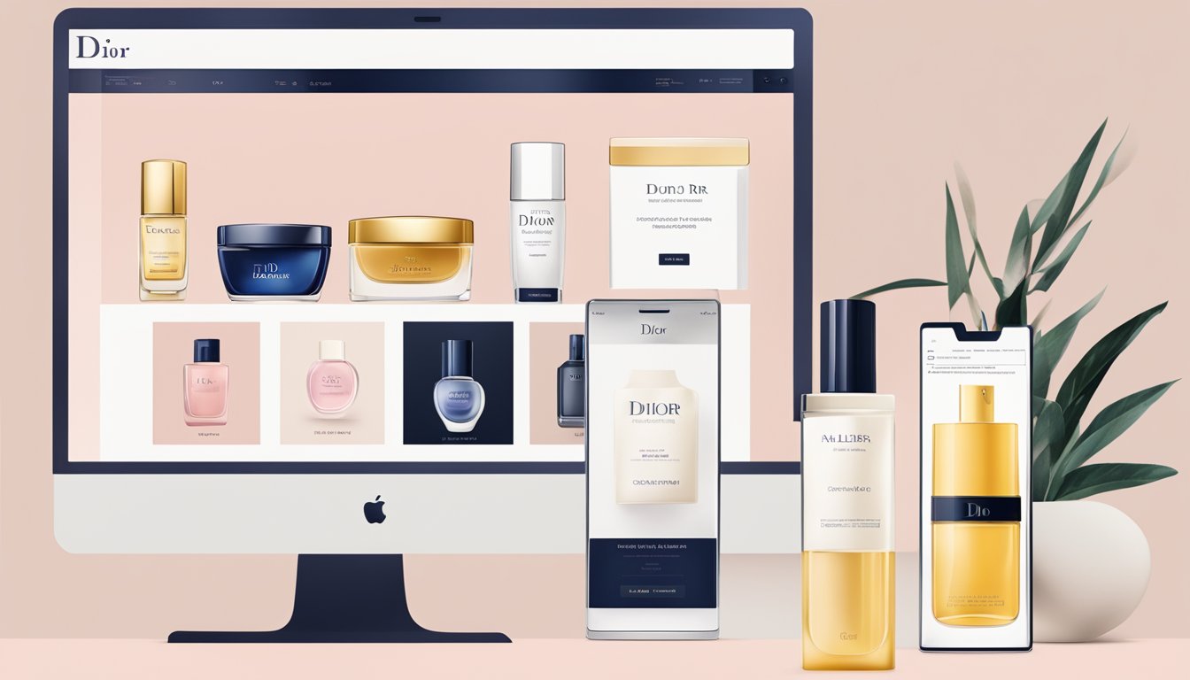 A computer screen displaying the Dior website with various products and a shopping cart icon