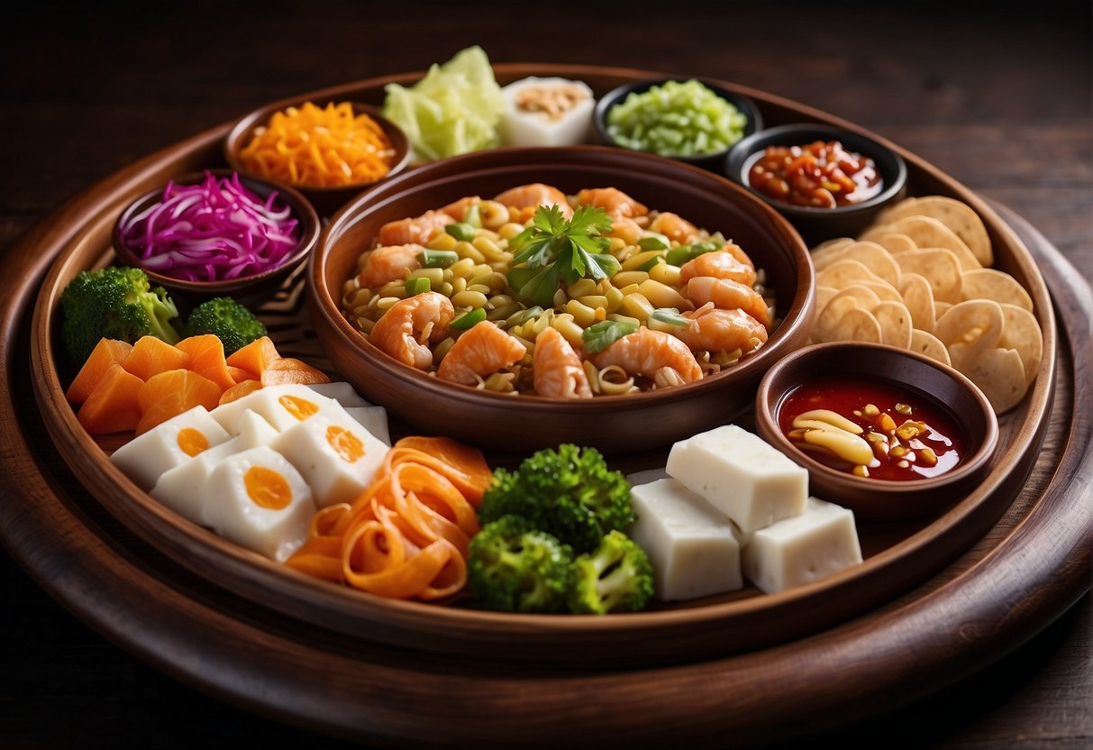 A variety of colorful Chinese cold dishes arranged on a round, wooden serving platter with intricate garnishes and vibrant sauces