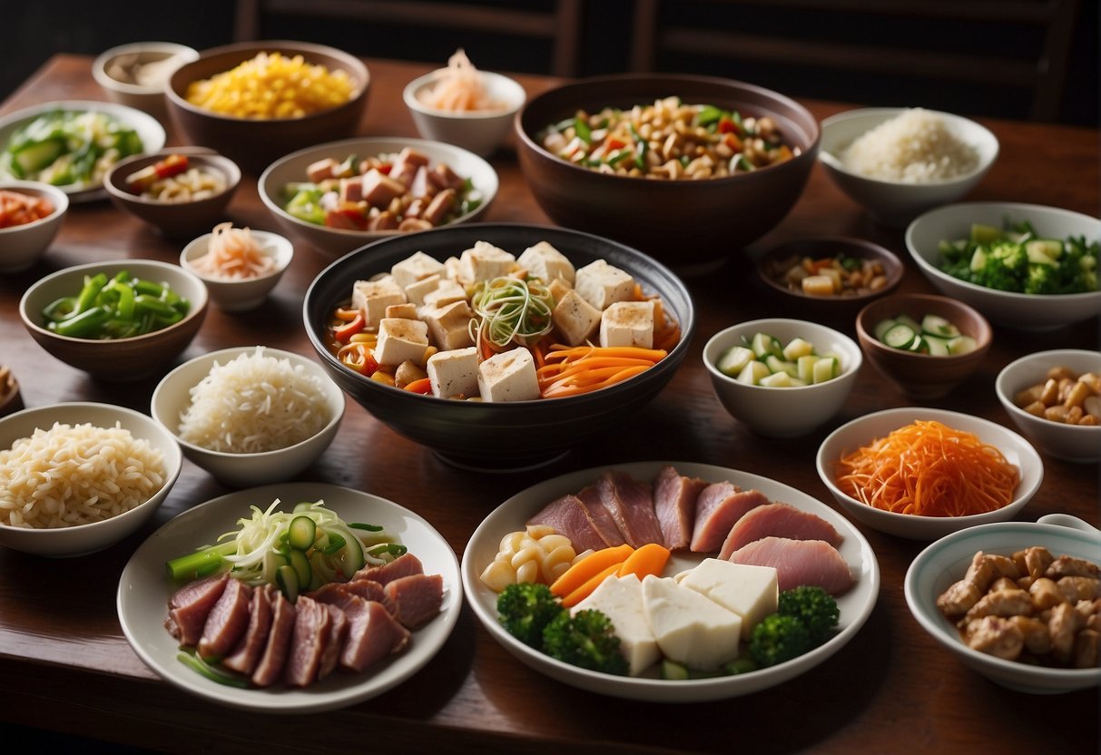 A table spread with various Chinese cold dishes, including sliced meats, pickled vegetables, and tofu, with chopsticks and small dishes for serving