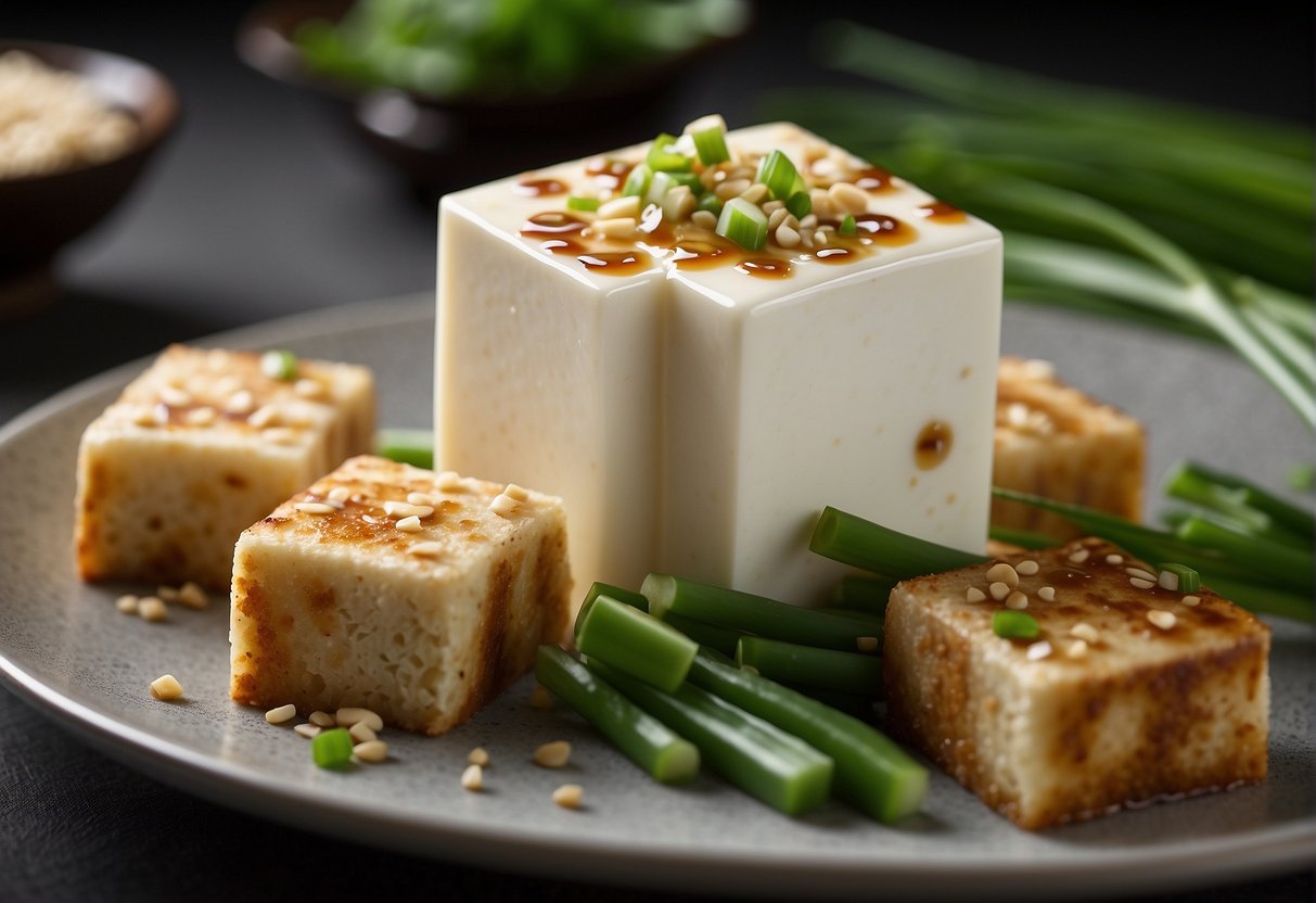 A white porcelain plate holds a bed of chilled tofu cubes. Drizzled with soy sauce, sesame oil, and green onions. Garnished with a sprinkle of sesame seeds