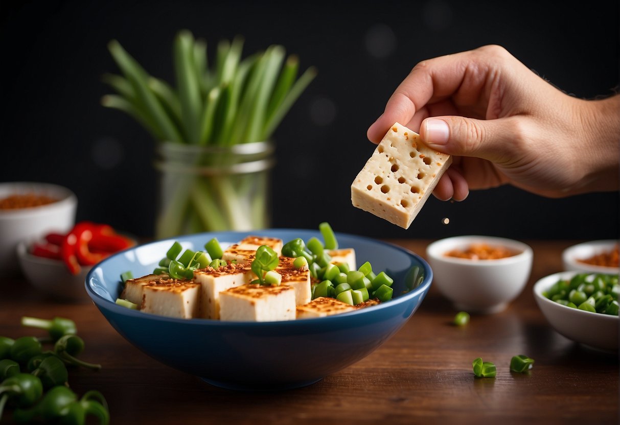 A hand reaches for a block of tofu in a bowl of water, surrounded by sliced green onions and red chili flakes