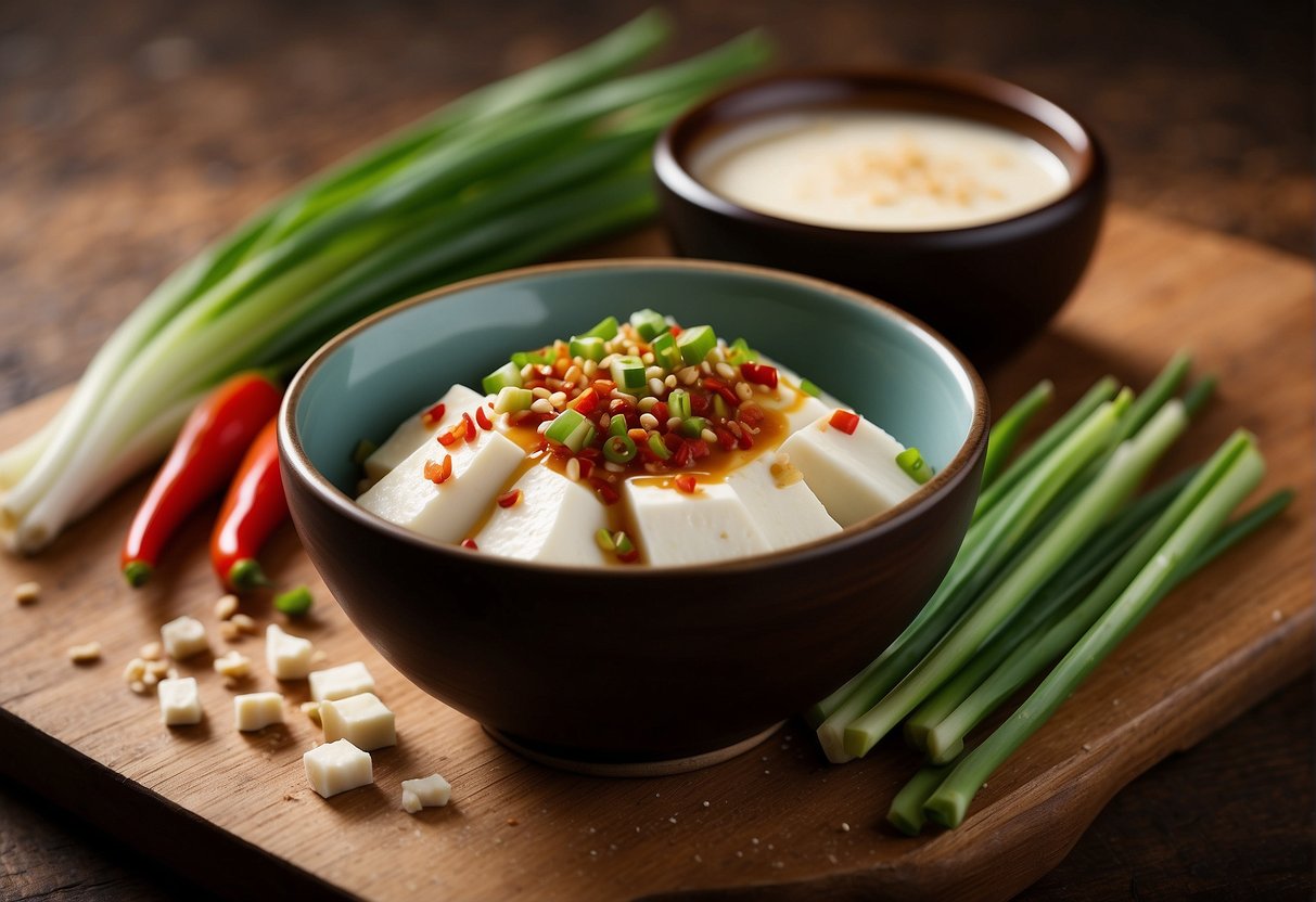 A bowl of silken tofu, soy sauce, sesame oil, green onions, and chili flakes laid out on a wooden cutting board