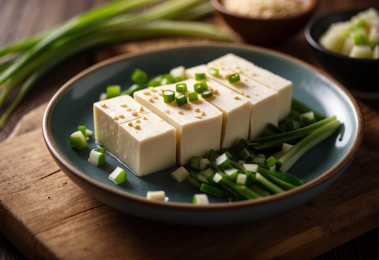 Tofu being sliced, blanched, and chilled. Ingredients like soy sauce, sesame oil, and green onions laid out for seasoning