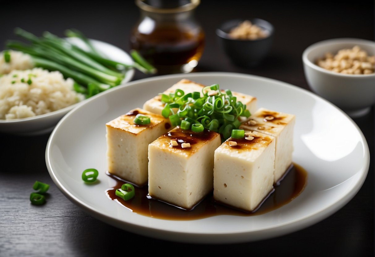 A plate of Chinese cold tofu with a small dish of soy sauce and chopped green onions on the side. A printed nutritional information label is placed next to the dish