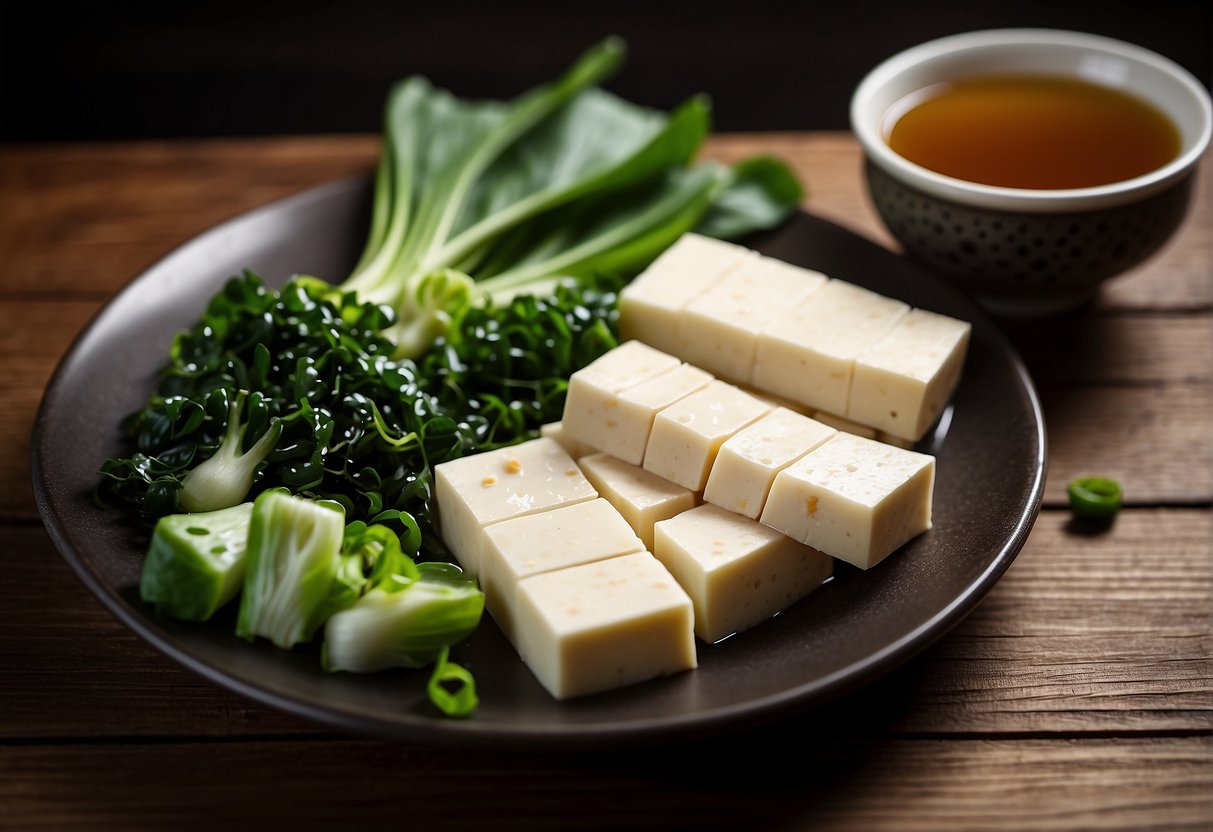 A platter of cold tofu with soy sauce, sesame oil, and green onions. Accompanied by a side of steamed bok choy and a pot of jasmine tea