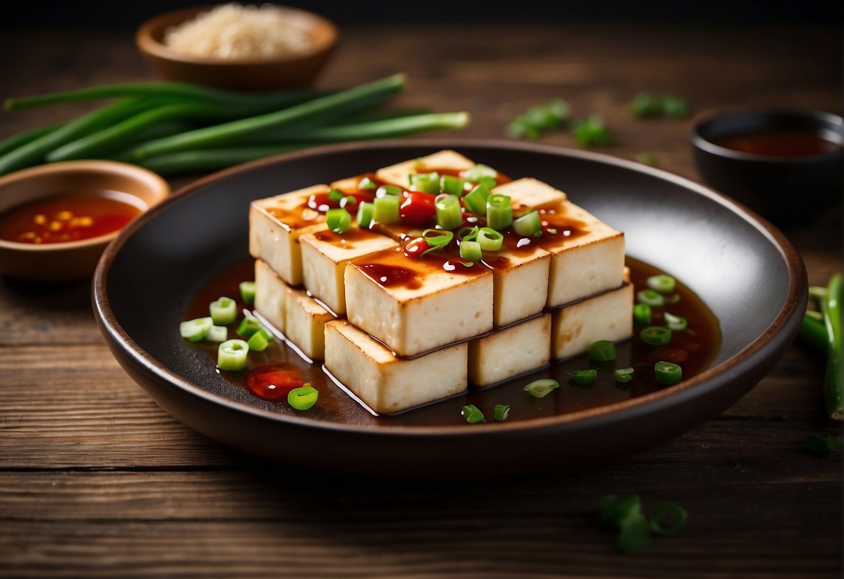 A plate of cold tofu with soy sauce, green onions, and chili oil on a wooden table. Text "Frequently Asked Questions Chinese Cold Tofu Recipe" in the background
