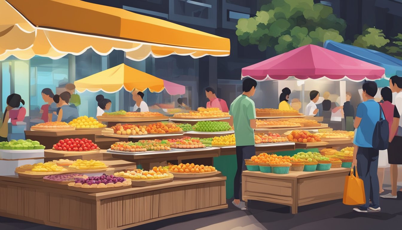 A bustling Singaporean market stall displays an array of colorful fruit tarts, tempting passersby with their flaky crusts and vibrant fillings