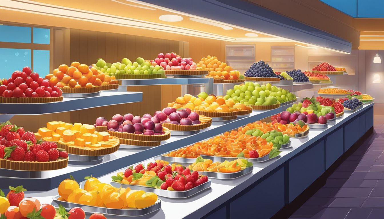 A bustling market stall displays an array of colorful fruit tarts, neatly arranged on a pristine white counter. The vibrant fruits glisten under the warm glow of the overhead lights, enticing customers with their fresh and delectable appearance