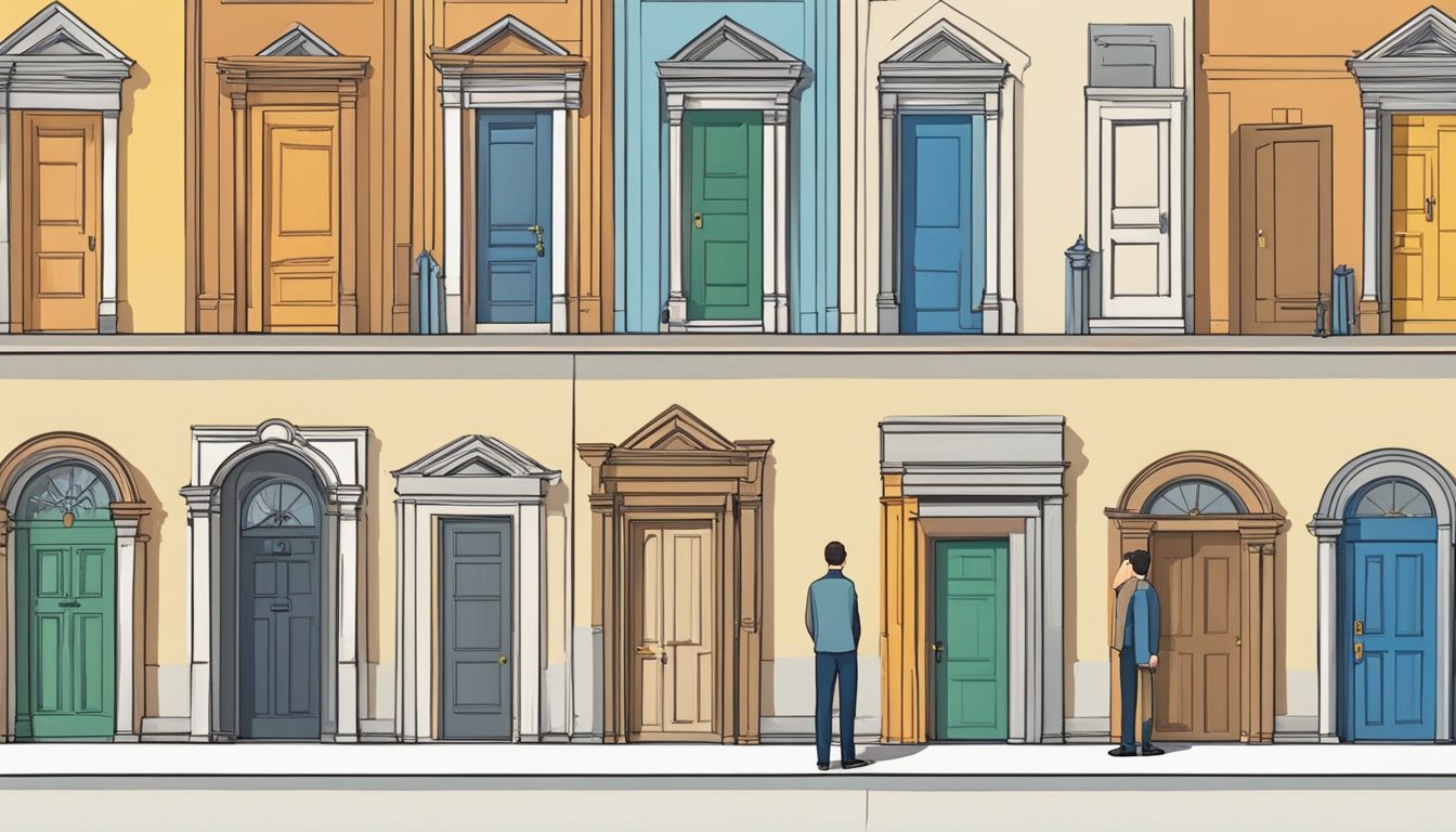A person stands in front of a row of different doors, contemplating which one to choose for their home. The doors vary in style, color, and material, offering a range of options for the buyer