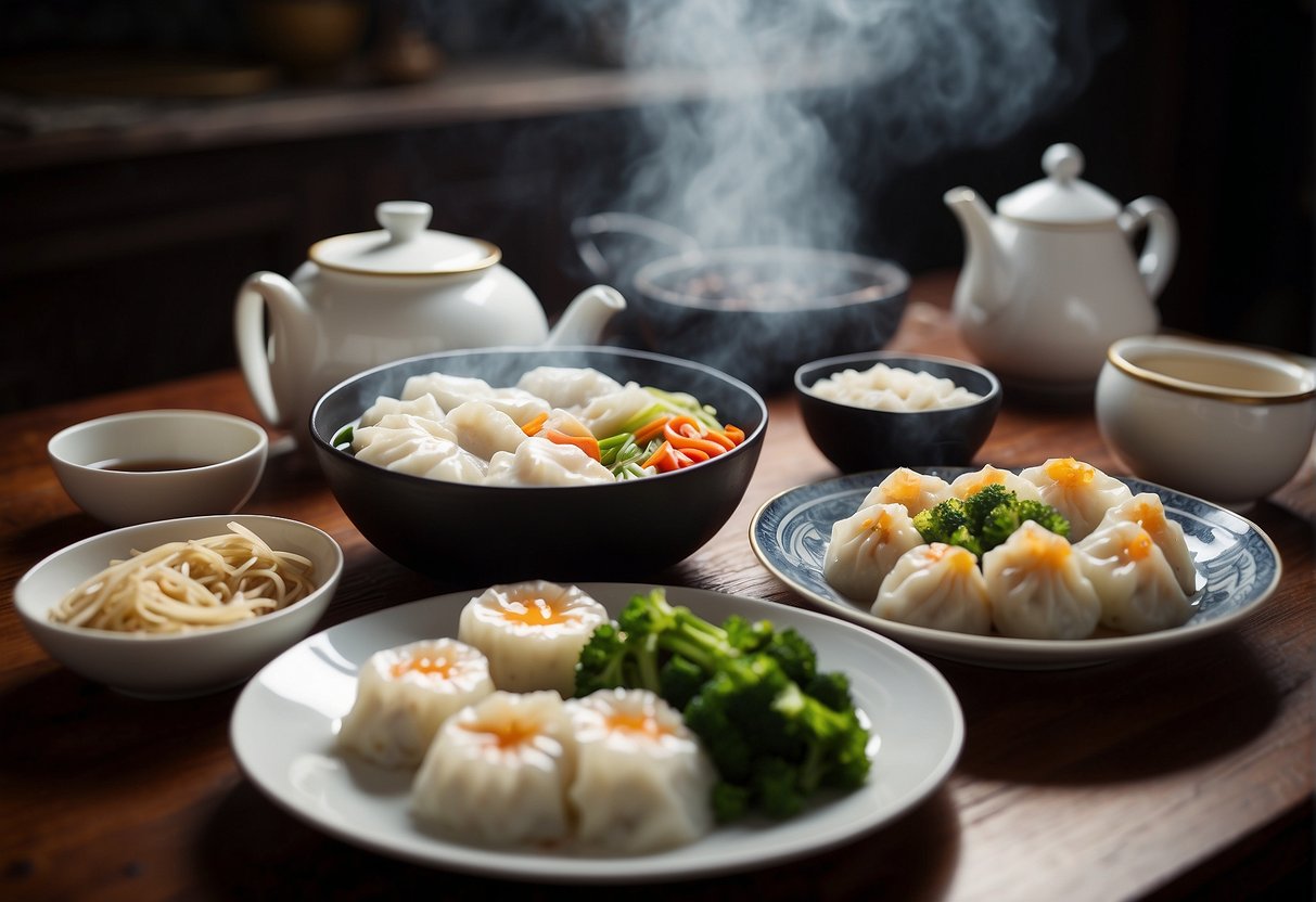 A table set with steaming bowls of dumplings, noodles, and stir-fried vegetables, surrounded by chopsticks and a teapot