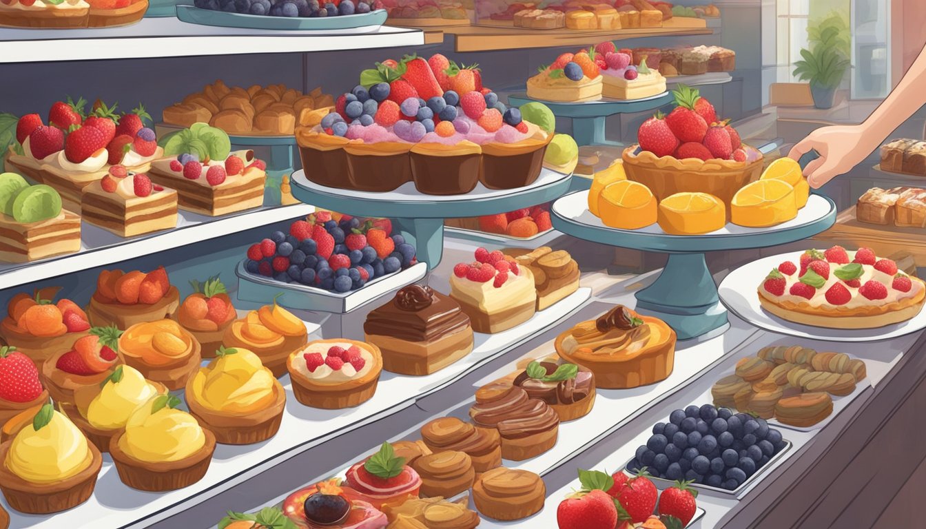 A hand reaches for a vibrant fruit tart in a bakery display, surrounded by other delectable pastries and desserts