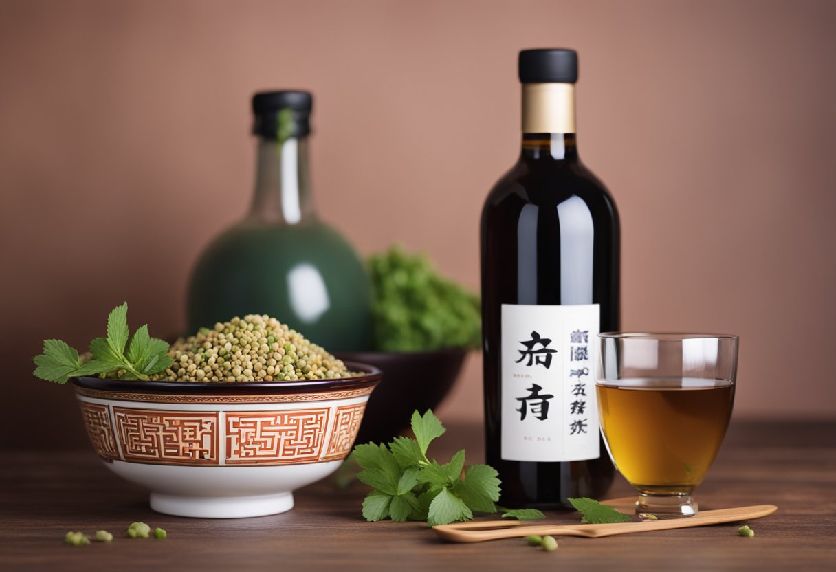 A bottle of Chinese wine sits next to a bowl of lala, a traditional Chinese recipe. The wine label is prominently displayed, and the dish is garnished with fresh herbs and spices
