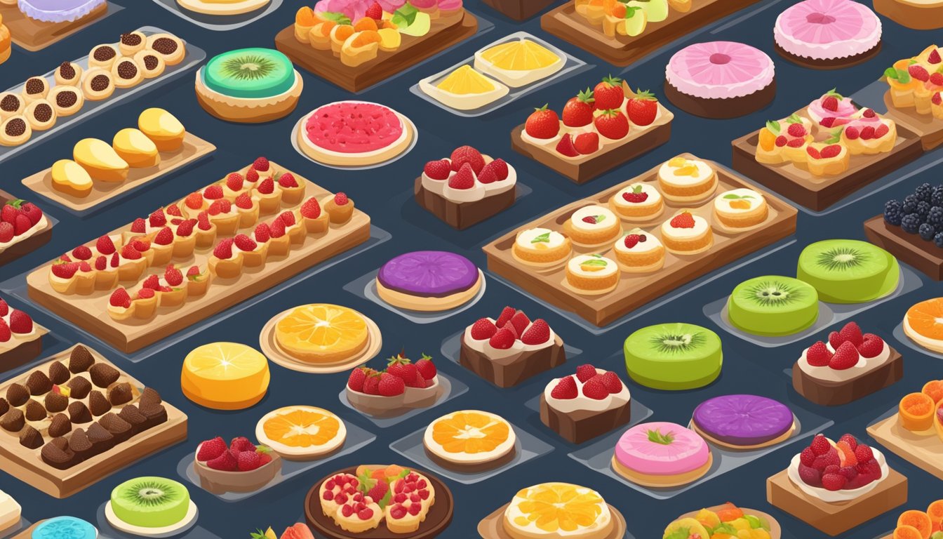 A bustling bakery display with an assortment of colorful fruit tarts, neatly arranged on trays and labeled with prices, surrounded by curious customers