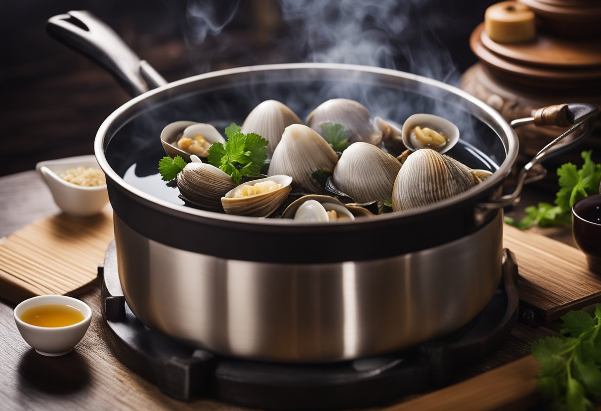 Lala clams sit in a steaming pot with Chinese wine, surrounded by aromatic ingredients for a traditional recipe