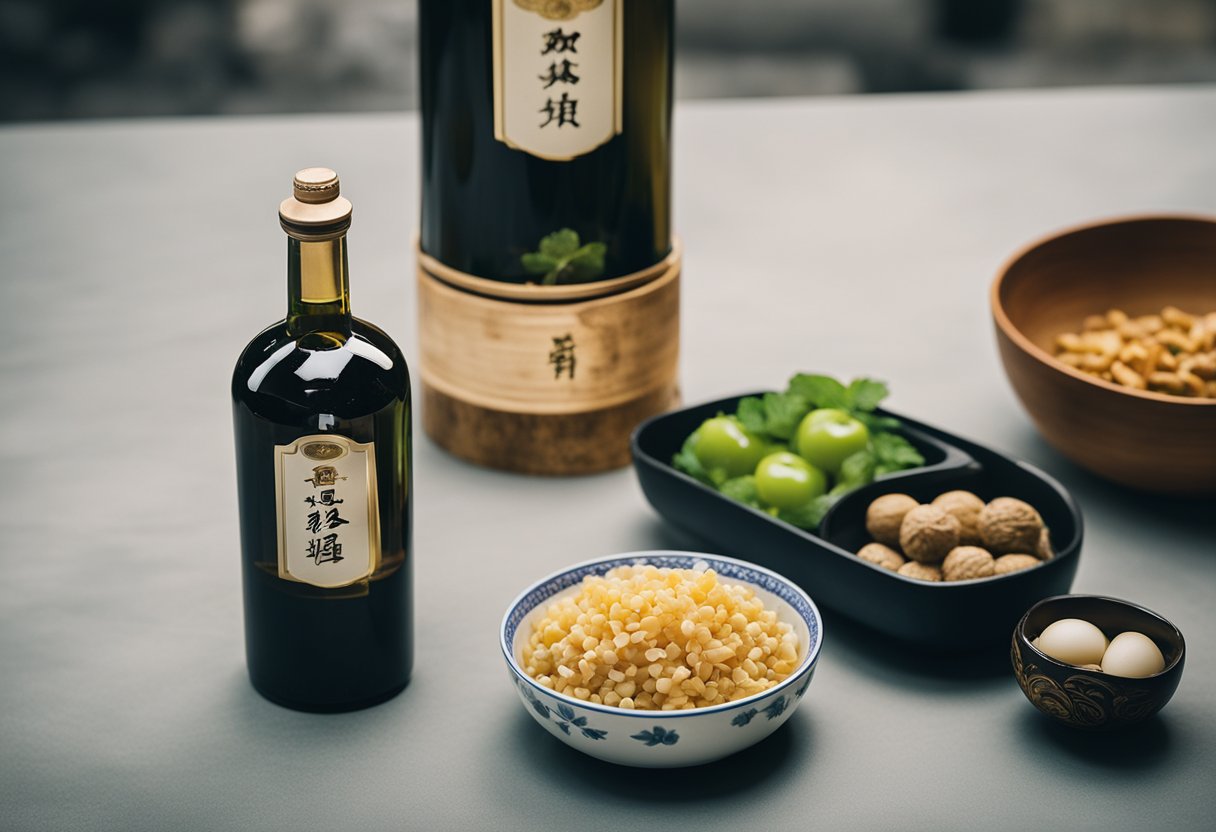 A bottle of Chinese wine sits next to a set of preparation essentials for a lala recipe