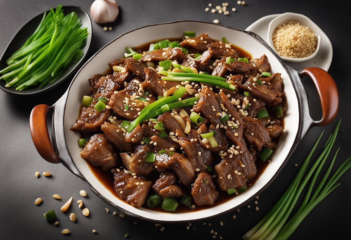 A sizzling wok with stir-fried lamb, ginger, garlic, and green onions. A splash of soy sauce and a sprinkle of sesame seeds
