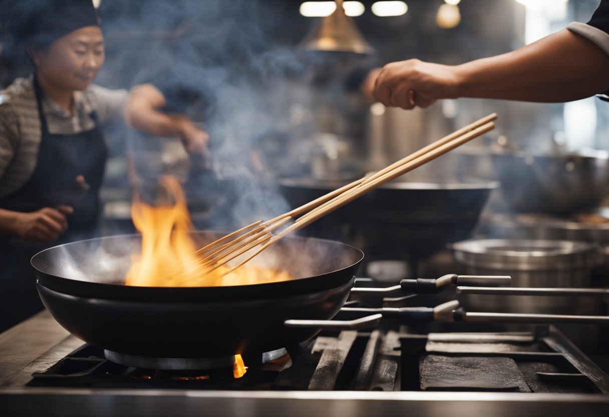 A wok sizzles over a high flame as Chinese wine is added to a bubbling lala recipe. The steam rises as the ingredients are expertly stirred together