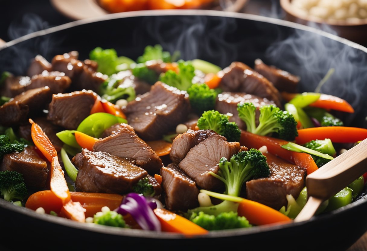 A sizzling wok cooks tender lamb pieces with aromatic Chinese spices, surrounded by vibrant vegetables and steaming rice