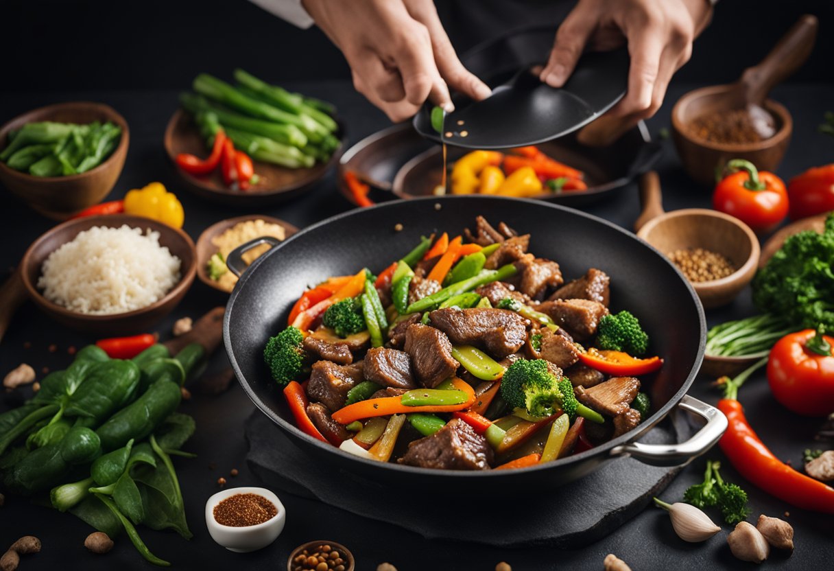 Sizzling lamb stir-fry in a wok, surrounded by vibrant vegetables and aromatic spices. A chef's hand sprinkles in soy sauce, adding depth to the savory aroma