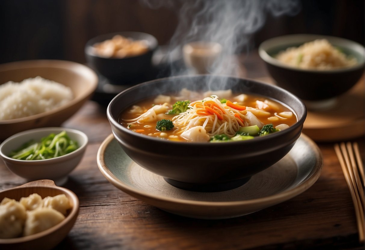A steaming bowl of hot and sour soup sits on a wooden table, surrounded by dumplings, fried rice, and stir-fried vegetables