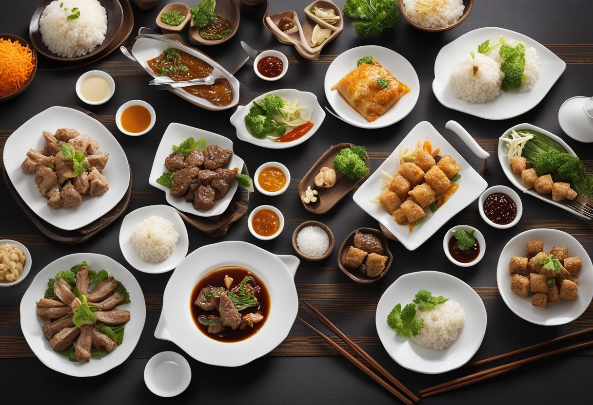 A table set with Chinese-style lamb dishes and accompanying condiments
