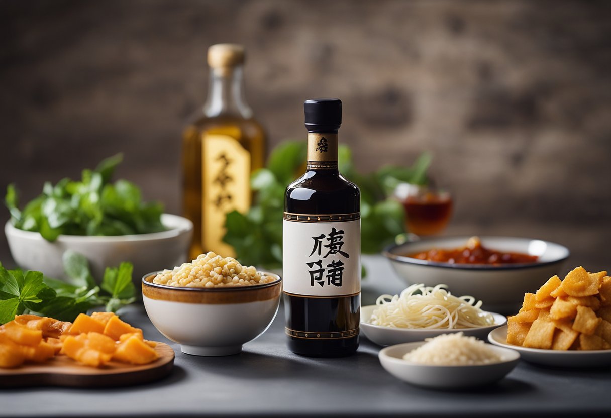 A bottle of Chinese wine sits next to a bowl of sauce lala. Nearby are flavor pairings like ginger, garlic, and chili, ready to be used in the recipe