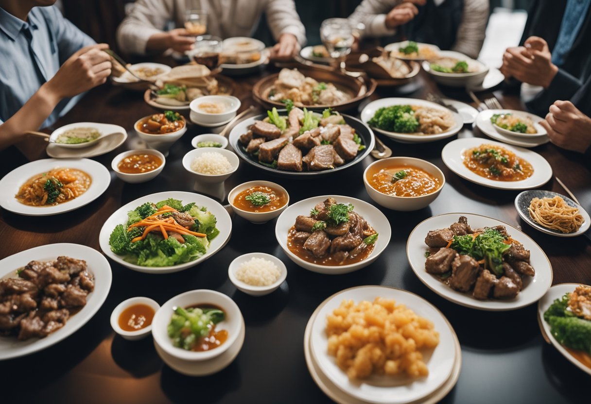 A table set with various Chinese-style lamb dishes, surrounded by eager diners with questioning expressions