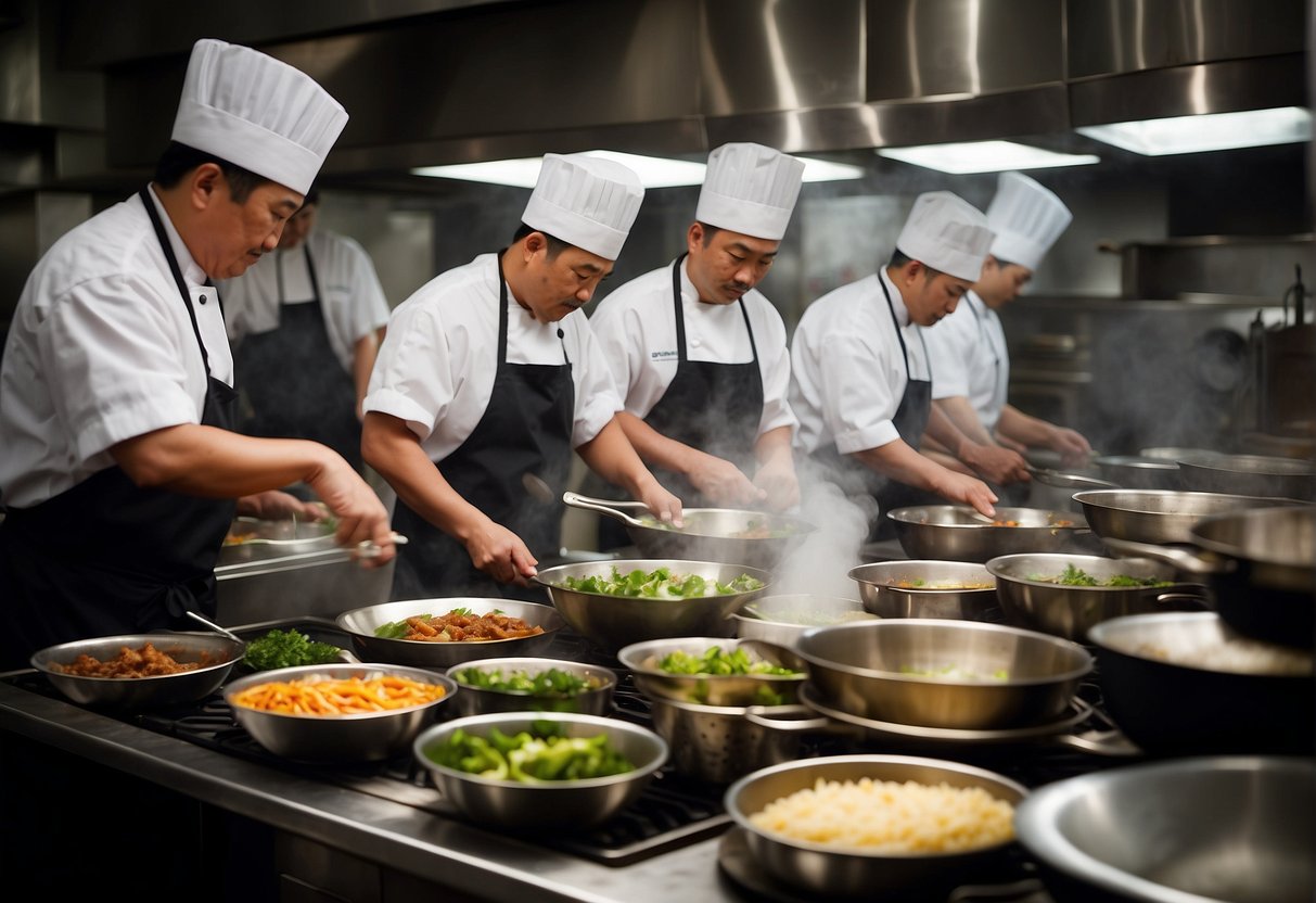 A bustling kitchen with woks sizzling, chefs chopping fresh ingredients, and steaming bowls of modernized Chinese comfort food being plated