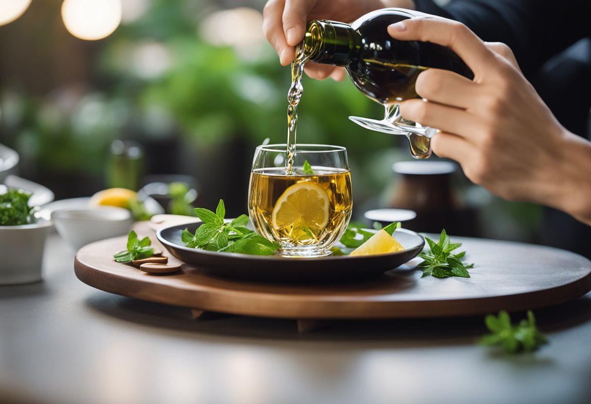 A hand pours Chinese wine into a small glass. A lala dish is garnished with fresh herbs and spices