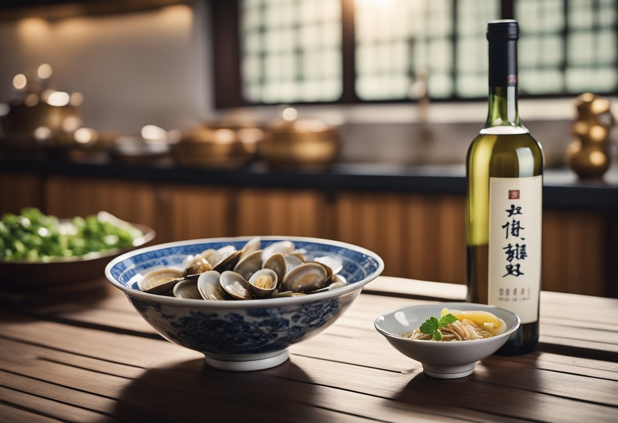 A bottle of Chinese wine next to a bowl of lala (clams) in a traditional Chinese kitchen setting
