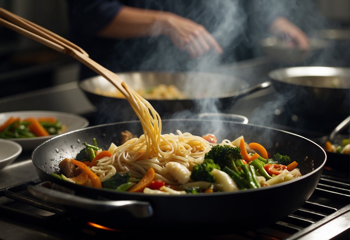 A wok sizzles with stir-fried vegetables, while a pot simmers with fragrant broth. A chef expertly folds dumplings, and a steamer releases clouds of steam. Soy sauce and spices line the counter