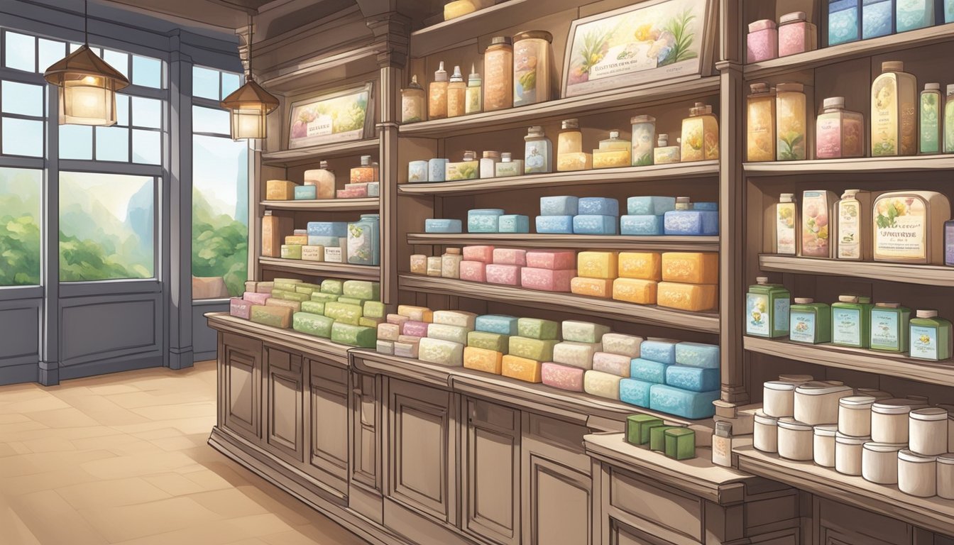 A bright and inviting store display showcases goat milk soap in Singapore. Shelves are neatly stocked with various scents and sizes, drawing in customers with its natural and nourishing qualities