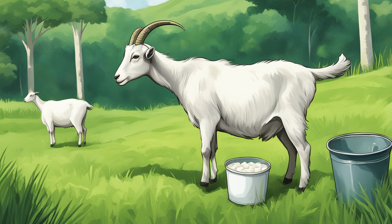 A goat grazing in a lush green pasture, with a bucket of fresh milk nearby. A small sign reads "Goat Milk Soap for Sale" in Singapore