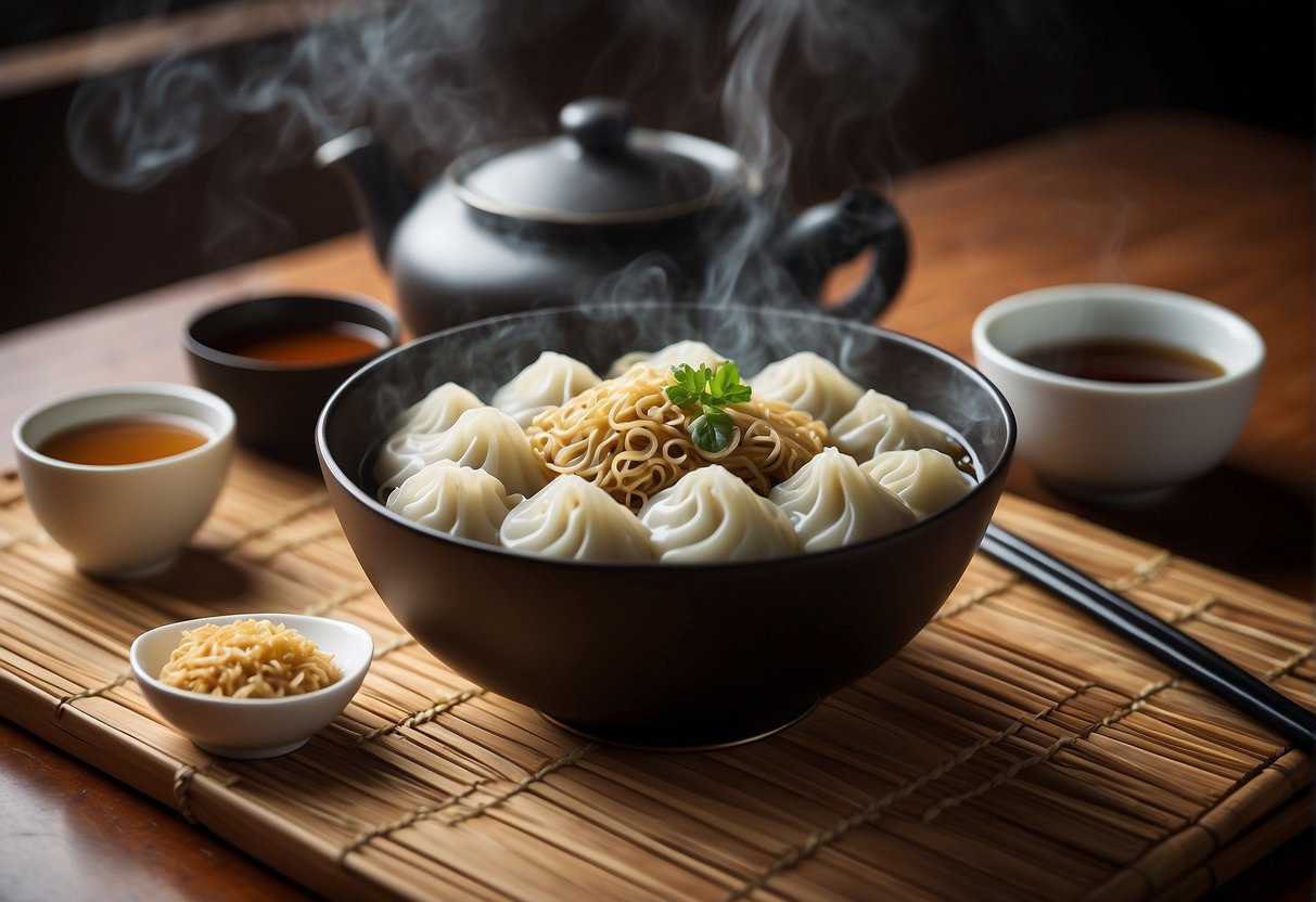 A steaming bowl of noodles with chopsticks, a plate of dumplings, and a teapot of hot tea on a bamboo mat