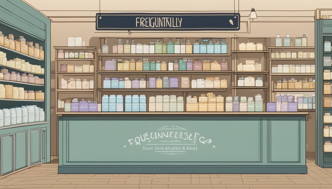 A display of goat milk soap products arranged on shelves in a boutique shop in Singapore, with a sign indicating "Frequently Asked Questions" about their availability