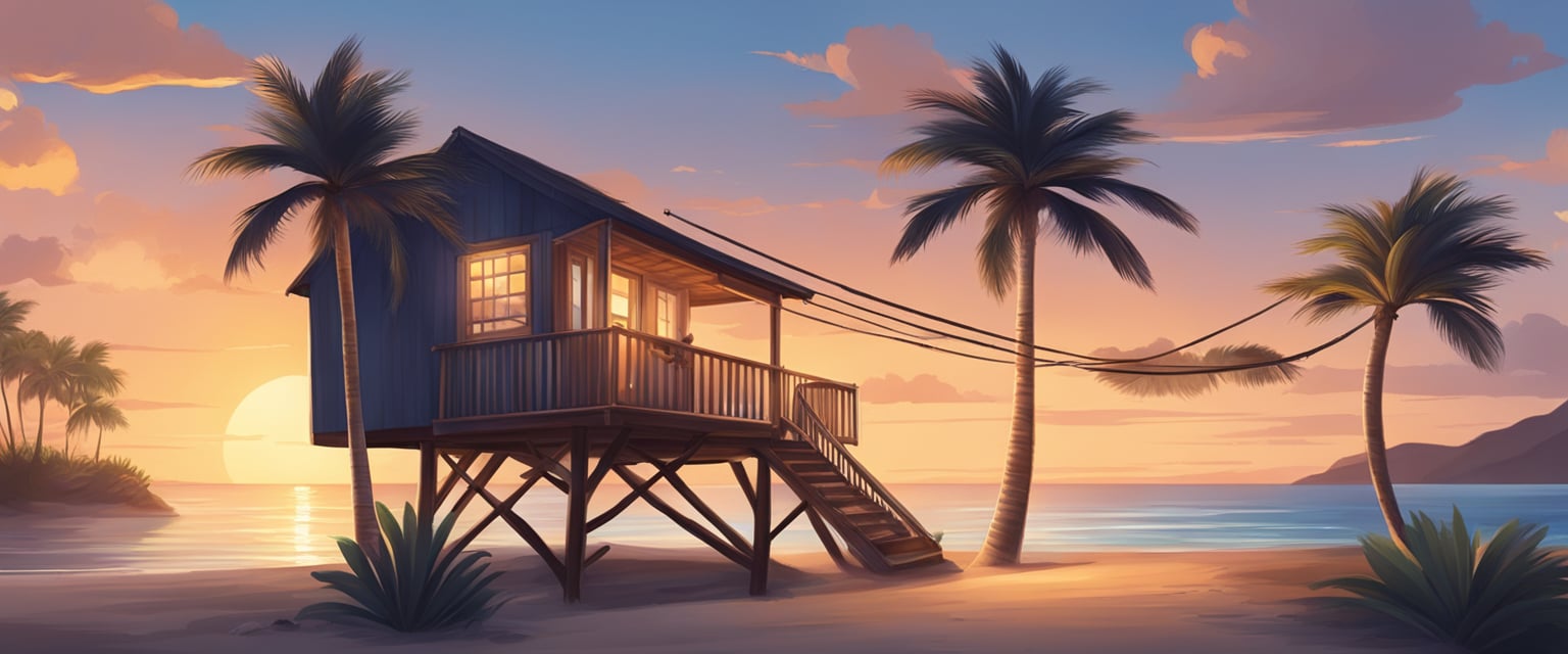 A serene beach at sunset, with a cozy beach house, palm trees, and a hammock overlooking the ocean
