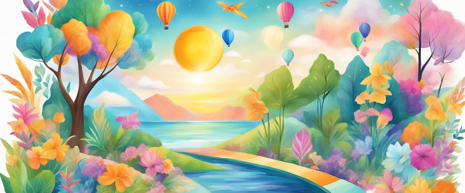 A vision board with images of success, happiness, and fulfillment. A clear path leading towards a bright future. Vibrant colors and positive affirmations
