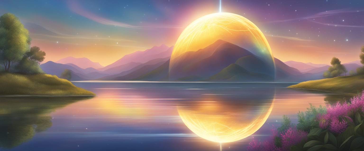 A bright, glowing orb hovers above a serene landscape, radiating energy and light, symbolizing the manifestation of a dream life