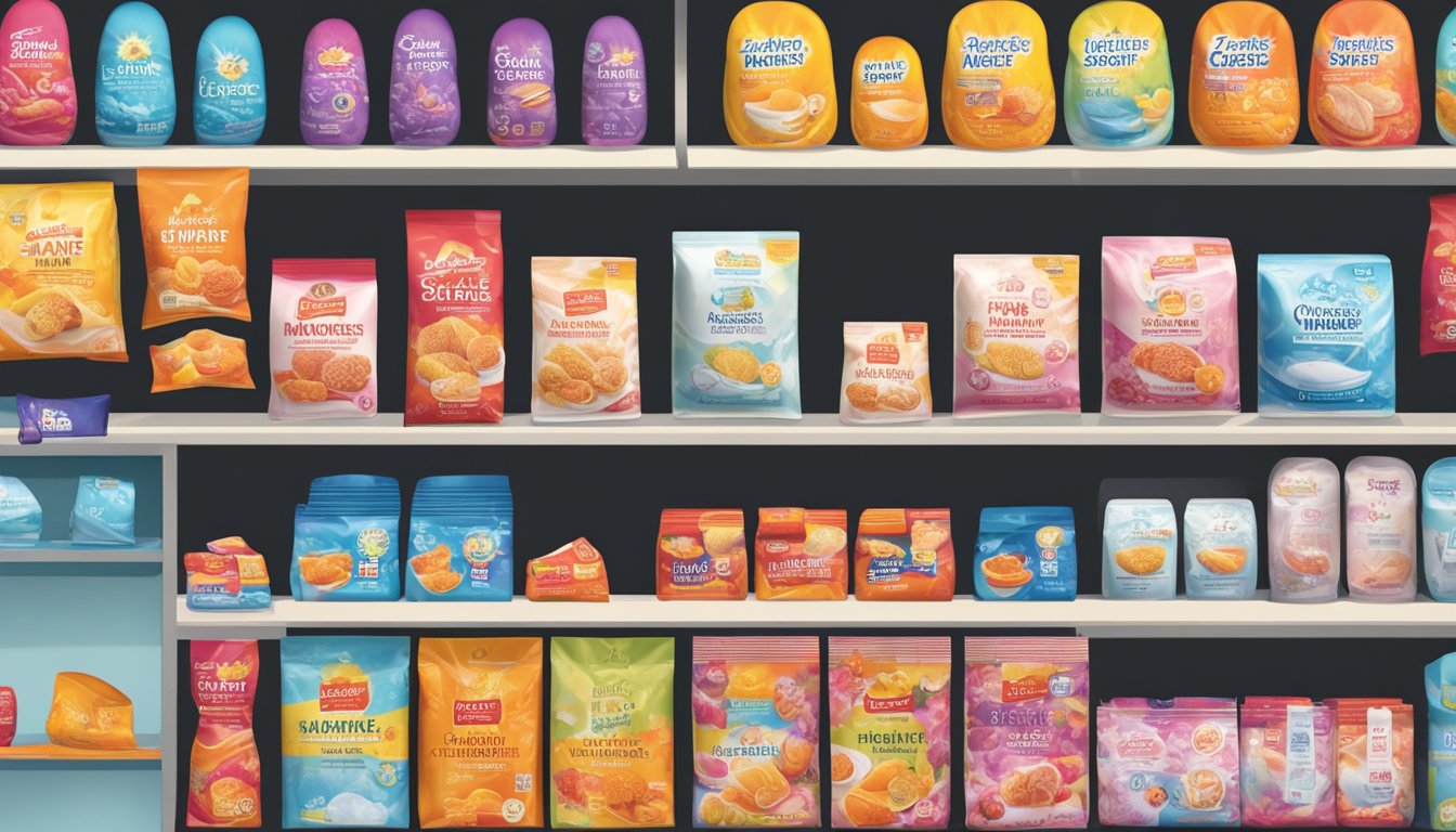 A display of hand warmers in a Singaporean store, with various brands and sizes available for purchase. Bright packaging and clear price tags are visible