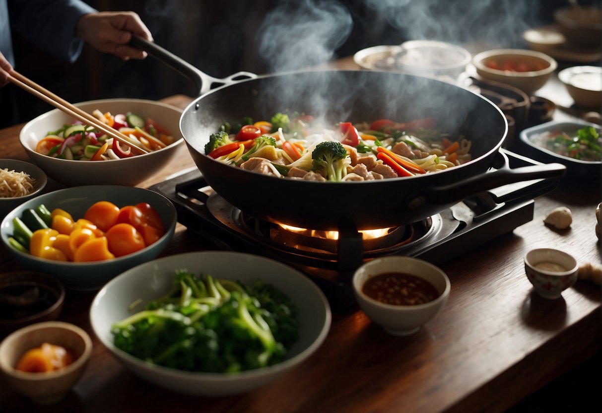 A table filled with colorful ingredients, woks, and chopsticks. Steam rises from a sizzling stir-fry, while a cookbook lays open to a page of traditional Chinese recipes
