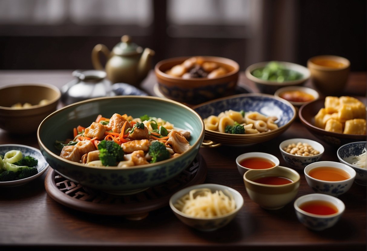 A colorful spread of traditional Chinese dishes, arranged on a wooden table with chopsticks and a decorative teapot nearby