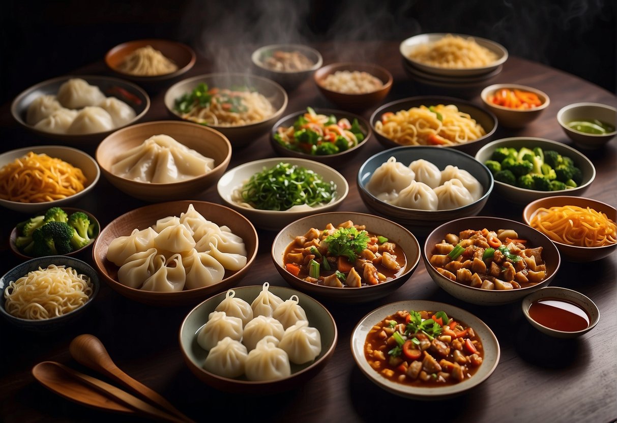 A table filled with iconic Chinese dishes from the cookbook, including steaming dumplings, sizzling stir-fries, and colorful noodle dishes
