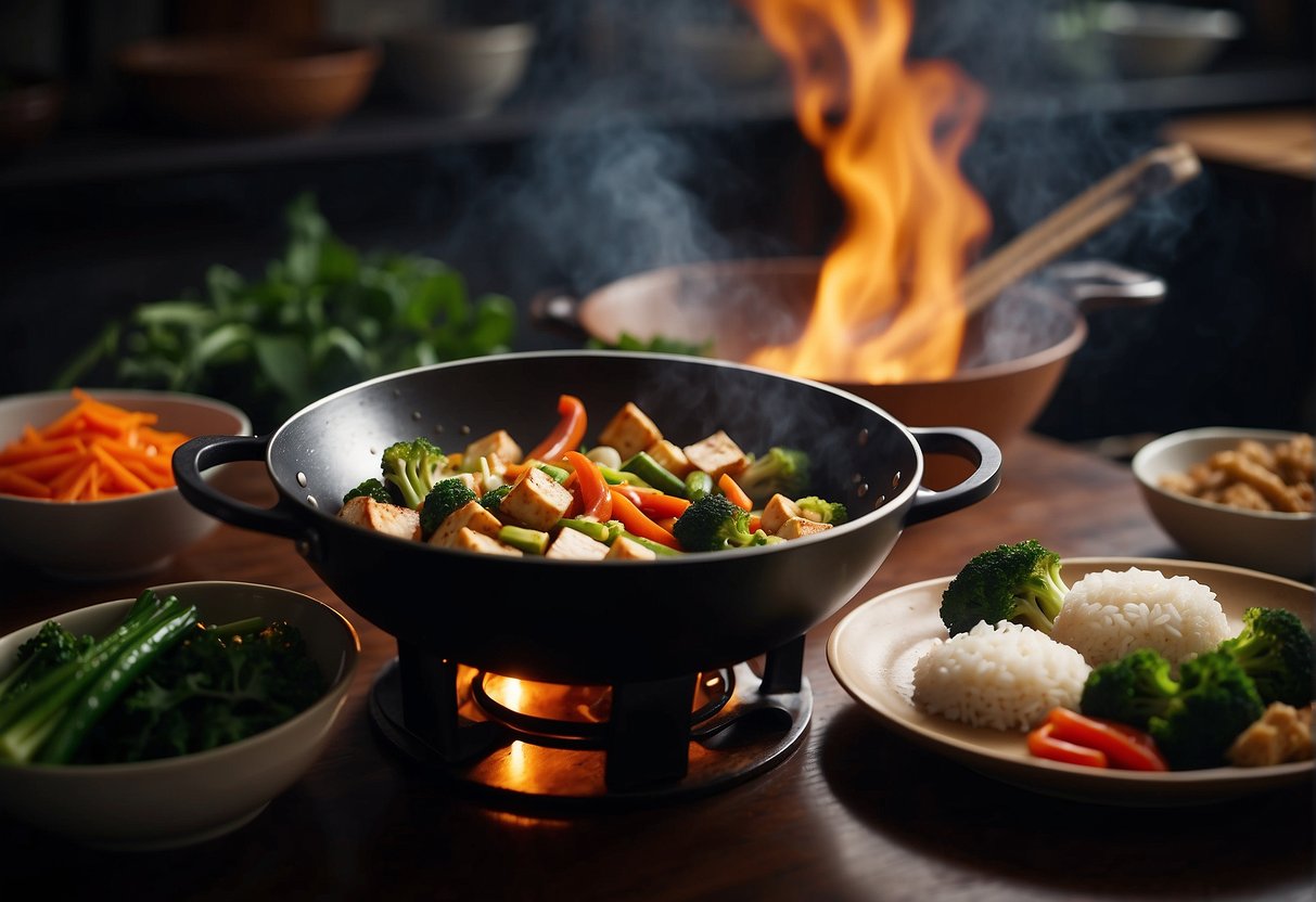 A wok sizzles with stir-fried vegetables and tofu. A pot of steaming rice sits nearby. A Chinese cookbook is open on the counter, with various ingredients scattered around