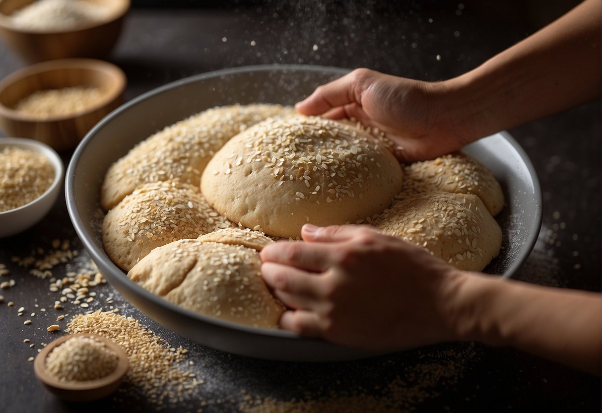A hand mixing dough in a bowl, adding sesame seeds, and shaping cookies on a baking sheet. Ingredients like flour, sugar, and oil are on the counter