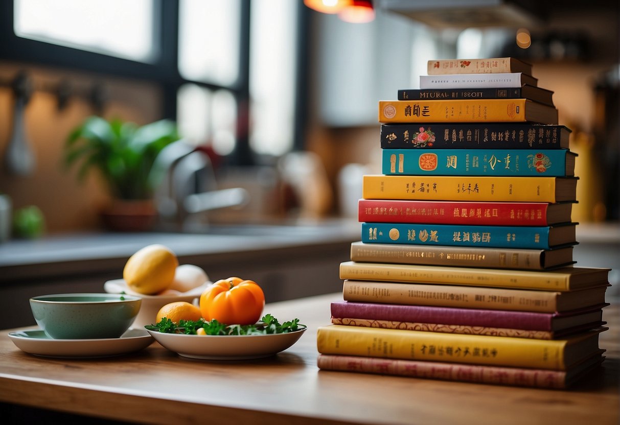 A stack of Chinese cookery books open on a kitchen counter, displaying colorful recipes and ingredients