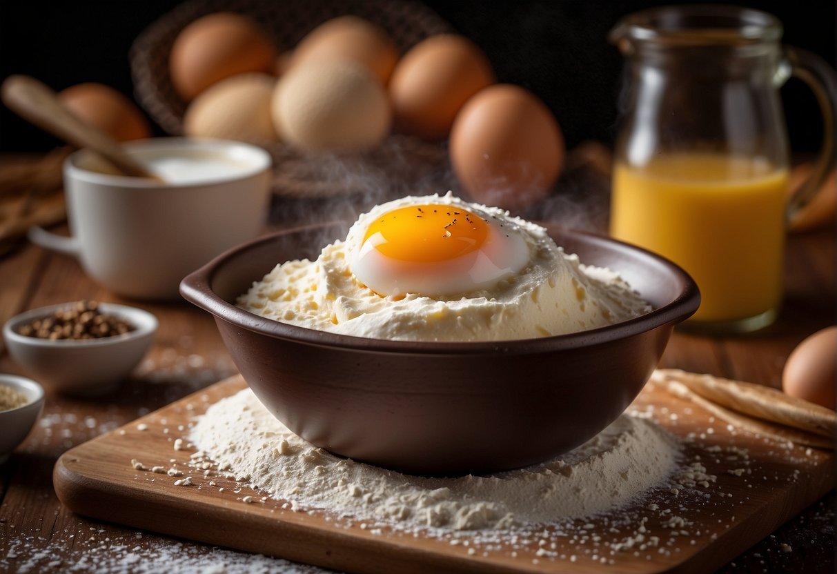 A mixing bowl with flour, sugar, and eggs. A wooden spoon stirring the ingredients. A tray lined with parchment paper ready for scooping the cookie dough