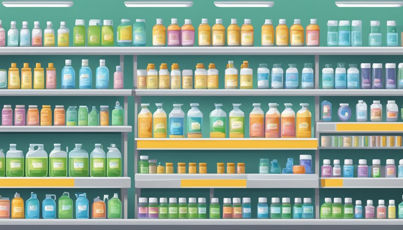 A chemical store in Singapore sells hydrochloric acid in labeled containers. Shelves display various chemical products. The store is well-lit and clean