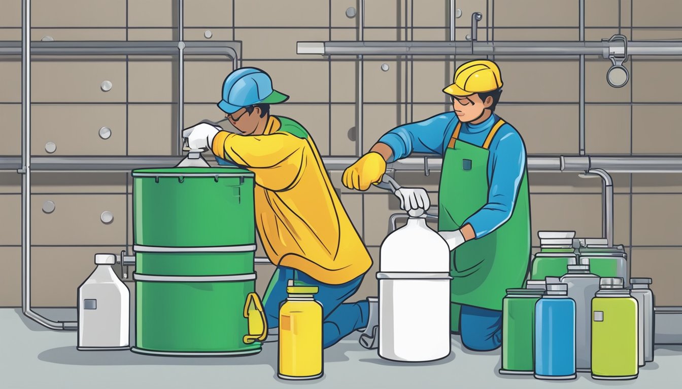 A person pouring hydrochloric acid from a labeled container into a smaller one in a well-ventilated area